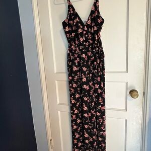 Kaileigh Black Jumpsuit with Pink Floral Design - Rochelle Knit Sleeveless Jum